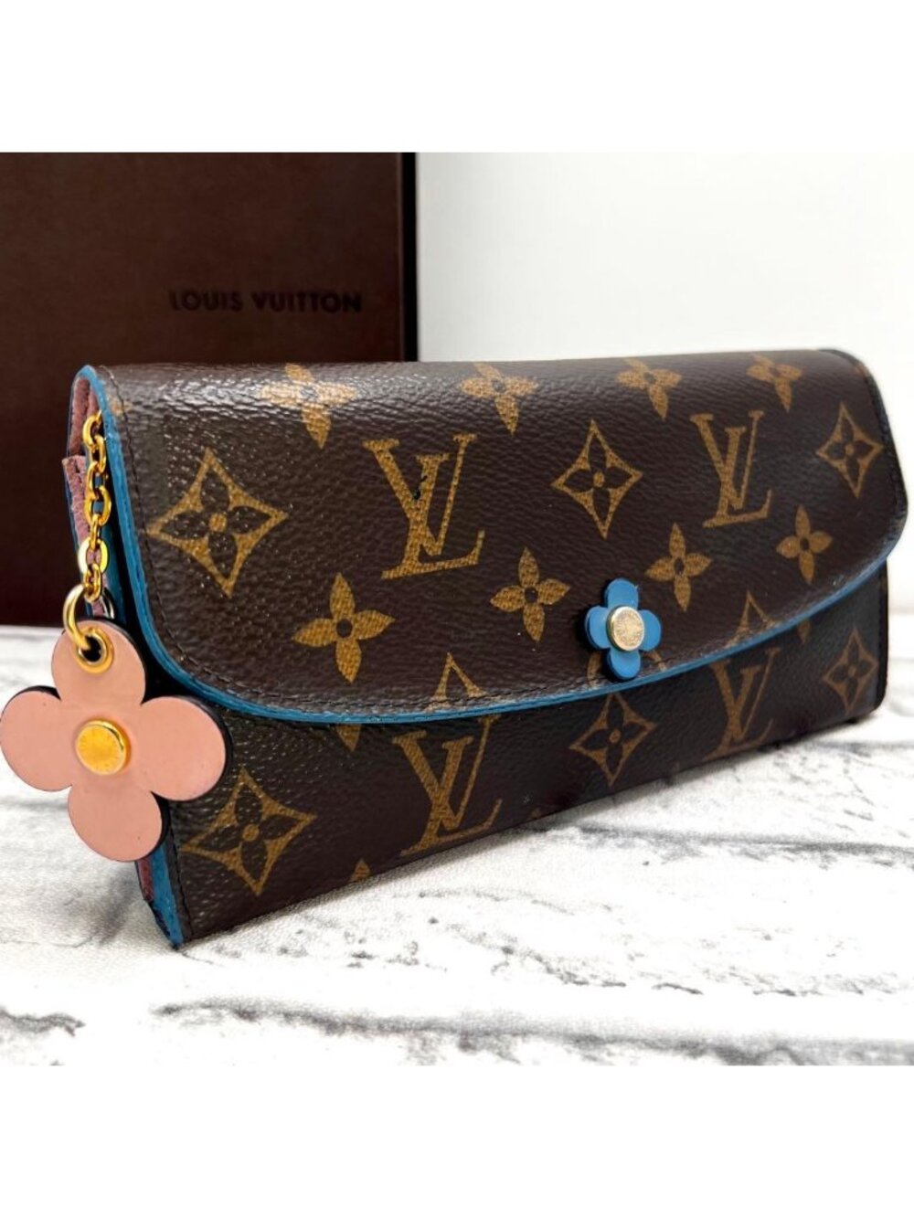 Louis Vuitton Monogram Portefeuille Emily Flower Charm Blue Wallet